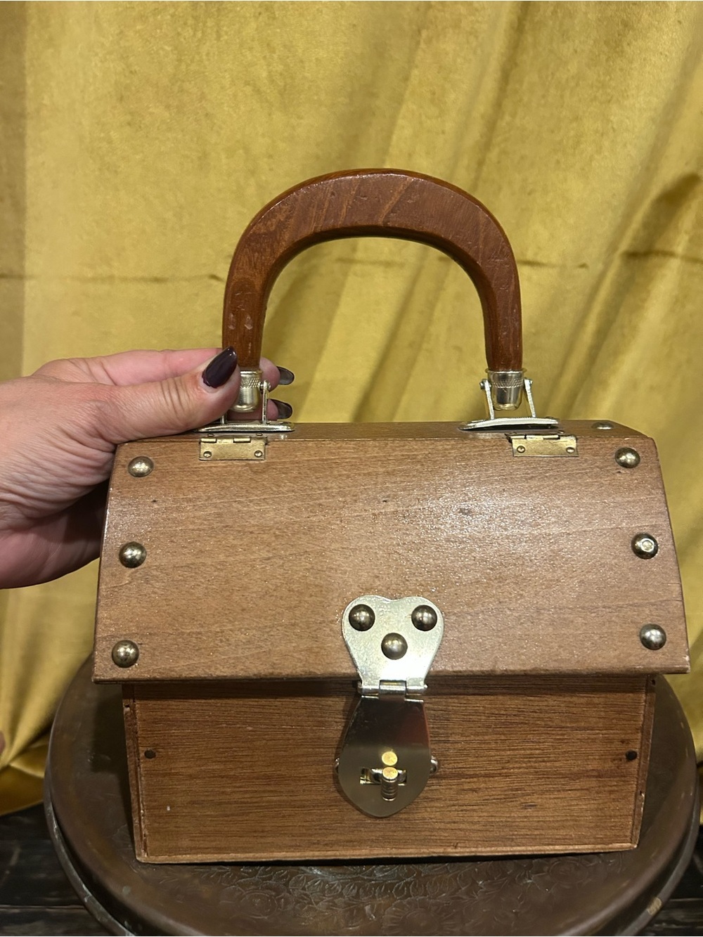 Wooden Box Handbag with Brass Hardware - Brown
